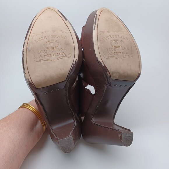 Lucky Brand Heels Brown Leather Peggy Sling Back Open Toe Sandals Womens 7M 37 - Picture 15 of 16